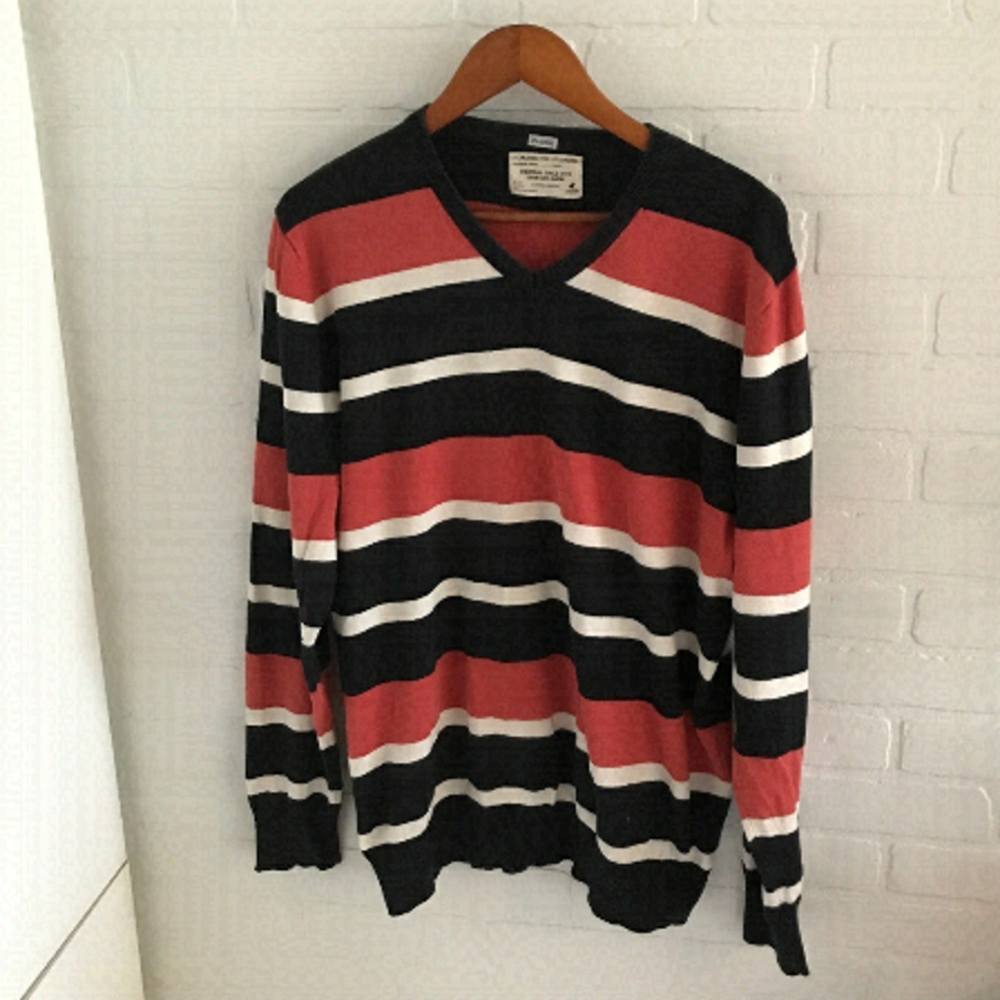 Jack & Jones Men’s Knit Sweater V neck Striped Navy/White/Orange Blokecore XL